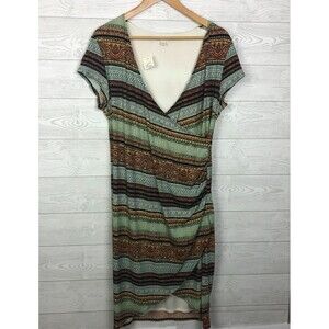 NEW Cato Women's Size Large Striped Faux Wrap Dress Short Sleeve V Neck